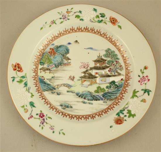 A set of four Chinese famille rose landscape plates, Qianlong period, 23.5cm